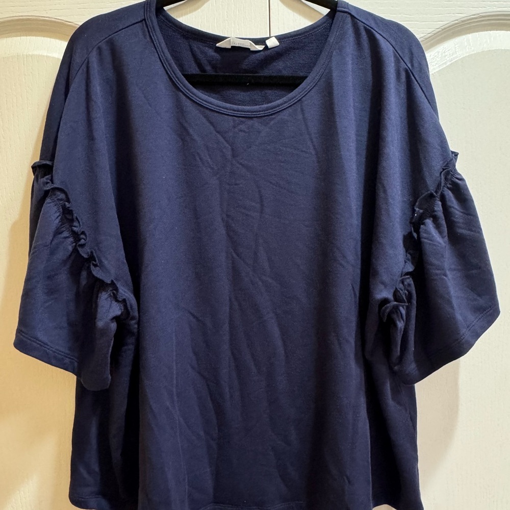 Candace Cameron Bure Blue Boxy Ruffled Blouse - LIKE NEW